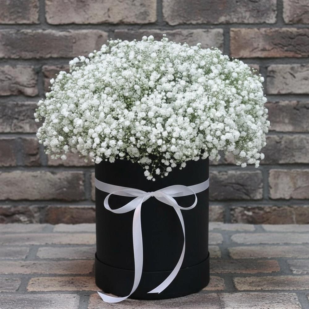 Цветочная композиция из Гипсофила в шляпной коробке в Власихе Алтайский край