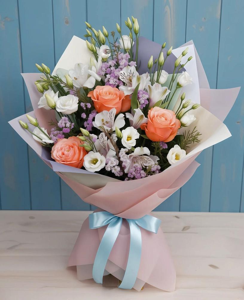 Букет цветов из: Лизиантусы, Розы, Альстромерии и Гипсофила в Власихе Алтайский край